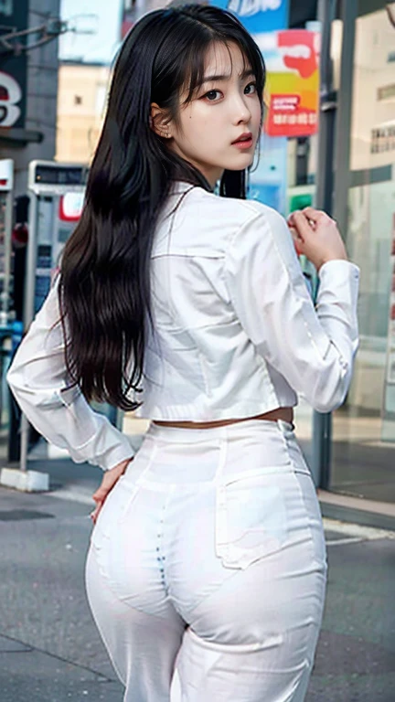 Arab asian woman in white shirt and blue jeans, Otaku, V-shaped clothing with an open neckline, Korean Girls, a hyper realistic, Wear a shirt, Smooth white tight clothing suit, Realistic, Gorgeous Young Korean Woman, sakimichan, Trending on cgstation, Interesting outfits, Focus on the butt, hyper realistic, anatomically correct, super detail, high details, best quality, 8k
