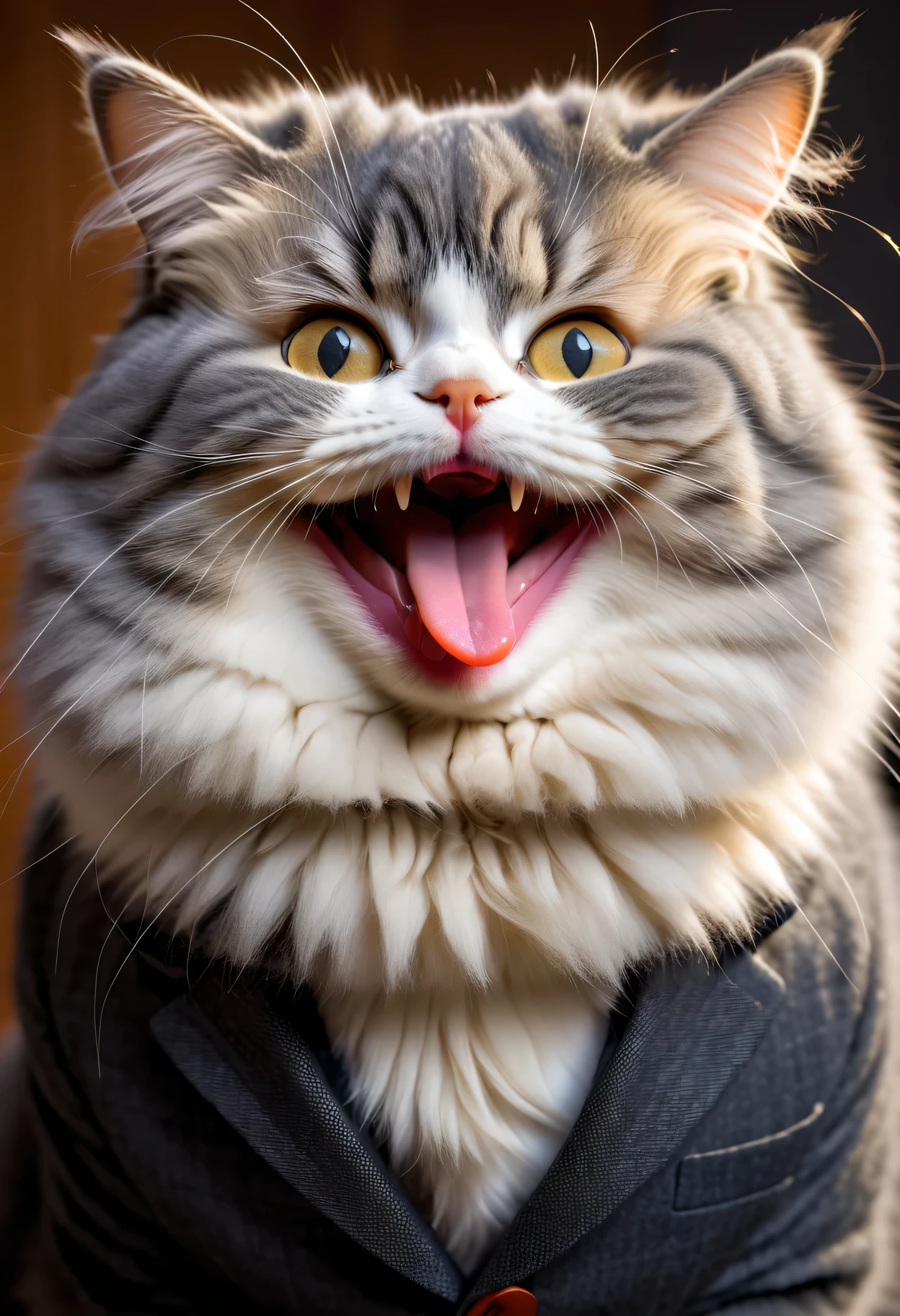 face close up photo of anthropomorphic fat angora cat,(furry), dressed in a dark gray suit, (sticking out tongue:1.5),(happy smile:1.5),(playful:1.2), soft lighting, Cinematic, hdr, primitive, Intricate, High quality, smoothing tones, Intricate details, Low contrast,(viewed from side:2.0), (looking at viwer:1.5), simple background