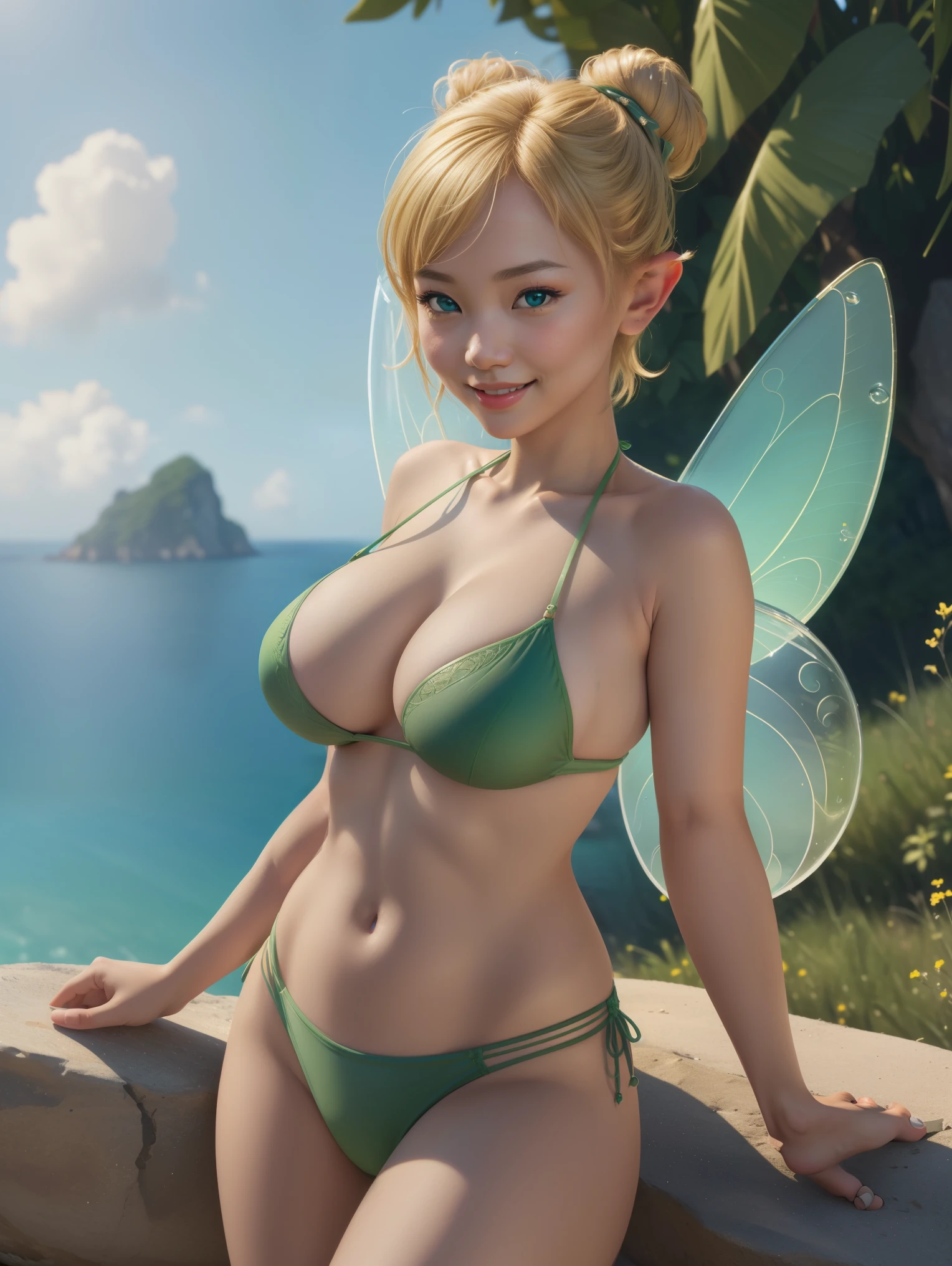 (Ding Kuafu:1), Smile, Lovely big breasts, Cute pose, Looking at the audience, single bun, Pointed ears,Short hair details, (Green Bikini 1), (Fairy Wings), Dynamic poses, (Breast focus:1.2), From above,
(Practical:1.2), (Endless Realism), (masterpiece:1.2), (best quality), (Extremely detailed), (8K, 4k, complex),(Full body image:1),(Cowboy shooting:1.2), (85 mm),Light Particles, light, (The content is very detailed:1.2),(Delicate face:1.2), (slope), National Foundation, rich and colorful,(Delicate eyes:1.2),
(Detailed landscape, Inside a glass jar:1.2),(Detailed background),Detailed landscape, (Dynamic Angle:1.2), (dynamic poses:1.2), (Rule of Thirds_artwork:1.3), (Course of action:1.2), Wide-angle lens, Sunlight, Solitary,
