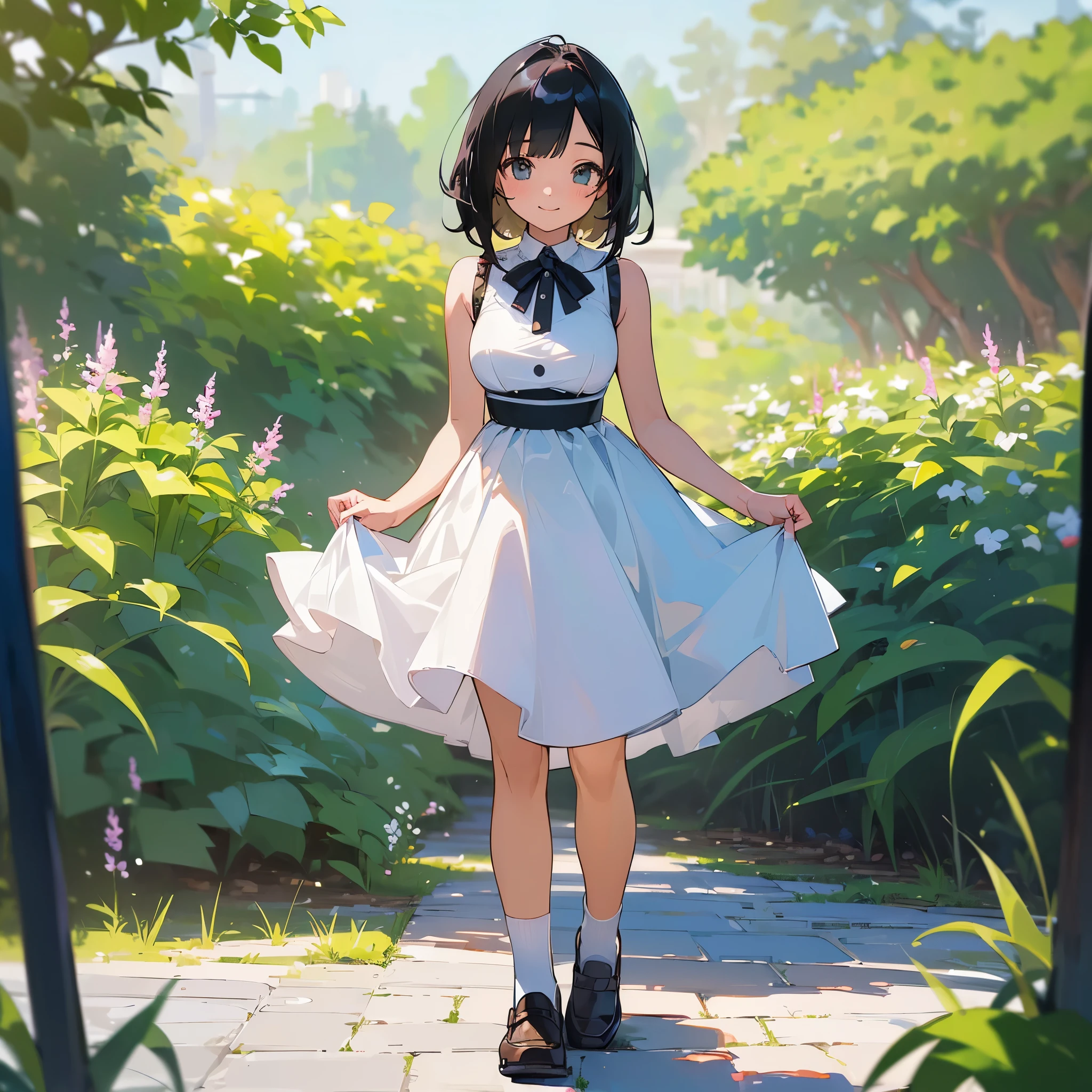 (high quality, High resolution, Very detailed, reality:1.37), Peaceful atmosphere, (Outdoor, garden), Teenage girl standing alone, (my breasts are big.), Beautiful details, Cute Smile, (Black bob hair), White sleeveless dress, White socks, loafers.