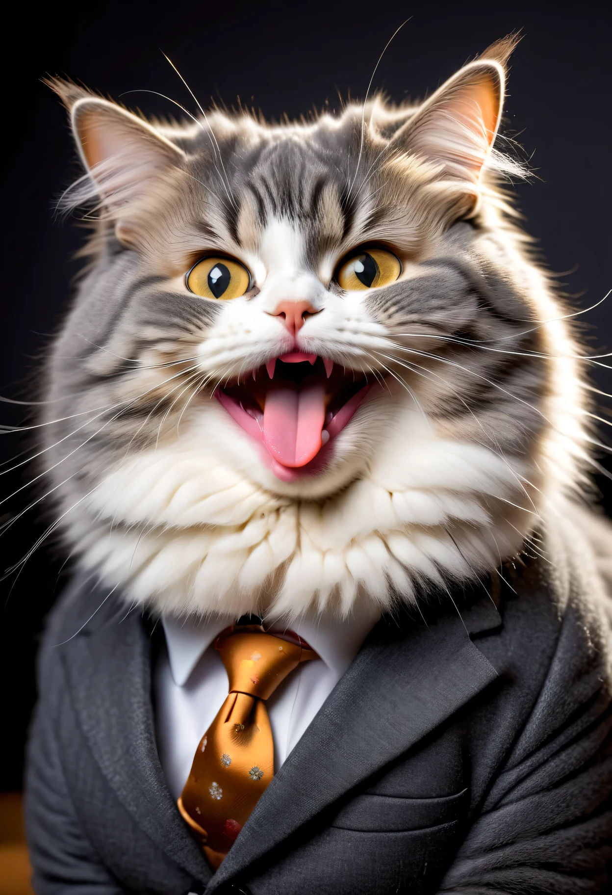 face close up photo of ((anthropomorphic)) fat angora cat,(furry), dressed in a dark gray suit, (sticking out tongue:1.5),(happy smile:1.5),(playful:1.2), soft lighting, Cinematic, hdr, primitive, Intricate, High quality, smoothing tones, Intricate details, Low contrast,(viewed from side:2.0), (looking at viwer:1.5), simple background