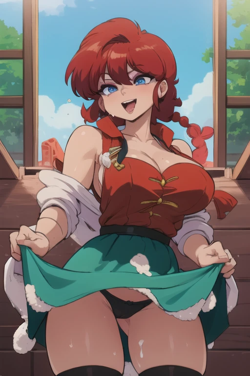 RanmaChan, cabello rojo, Cabello con trenza, ojos azules, ojos detallados, cuerpo completo, lindosexyrobutts, blusa negra apretada, top corto negro, ombligo descubierto, ropa pegada al cuerpo, Tanga sexy, ahegao, lengua afuera, semen