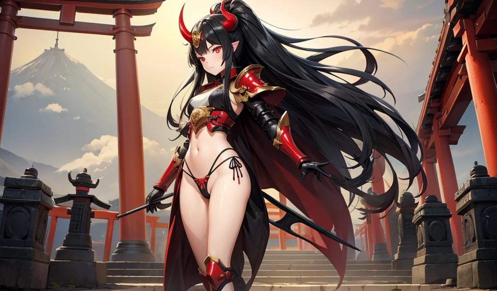Flat-chested girl with long black hair,Demon horn,Japan Armor,Breastplate,Thong,Bare Legs,Standing,On the torii gate