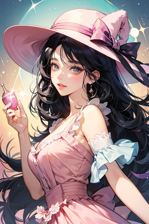 She has curly black hair with a bluish hue, pinkish skin and lips, and wears a dress and a hat. Her hat has the word "Boushiya" on it, which basically translates to "hat shop" or "hat maker". SPARKLE; GLITTER