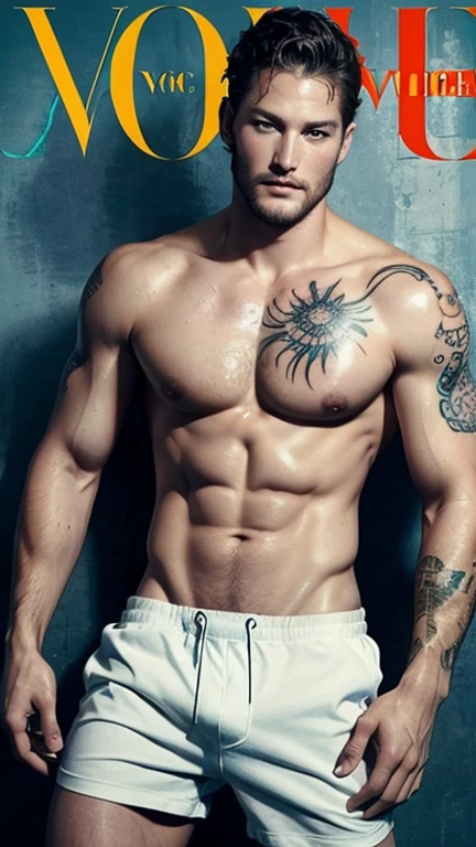 Travis Fimmel injury after fight, shirtless and sexy wet painting body, tight underwear, sexy underwear, (vogue magazine cover:1.4), best quality, masterpiece, very aesthetic, perfect composition, propossional, intricate details, ultra-detailed, hairy pubic, pierce and tattoo, ethnic style, vintage look