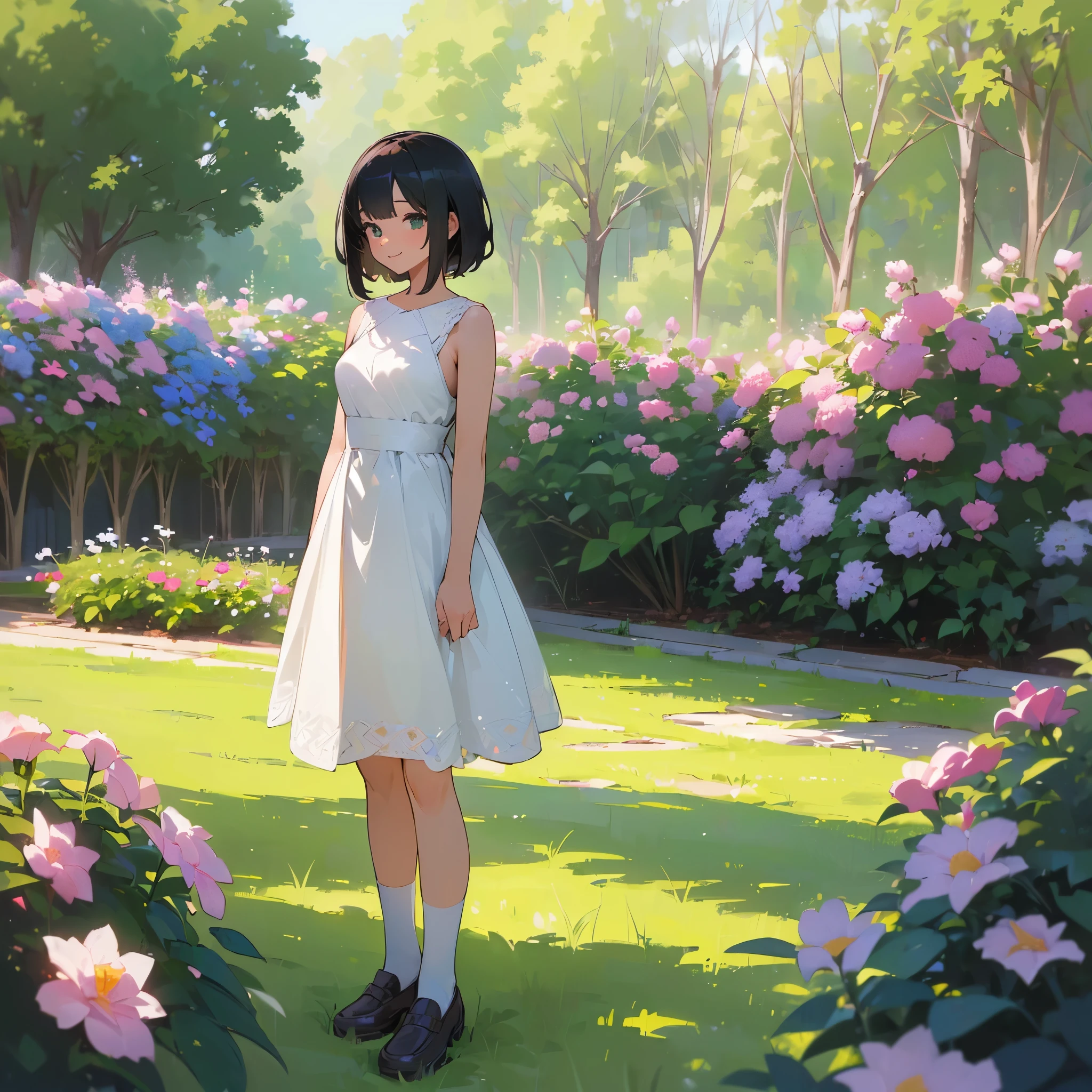 (high quality, High resolution, Very detailed, reality:1.37), Peaceful atmosphere, (Outdoor, garden), girl standing alone, (my breasts are big.), Beautiful details, Cute Smile, (Black bob hair), White sleeveless dress, White socks, loafers.