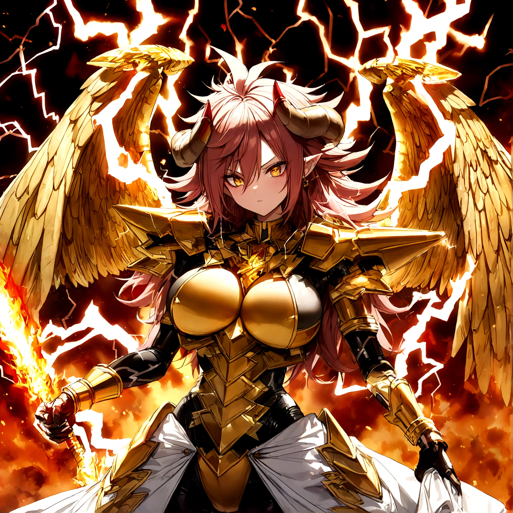 ((Lightning Power)), ((Electricity)), ((Fire Background)), ((Lightning Storm)), ((Power Erupting)),((((android 21)))), (((white Coat))), (((Busty))), (((((Big breast:1,3)))), luxury bustier corset, ((silver hair)), (((Very slim waist))), propotional body, ((Gorgeous)), (((gold wings))), masterpiece, hyperdetail, ambient effect, digital effect, (((FIRE SWORD)), (((Lightning Sword))), (((Fire Gold Armor))), (((Lightning Gold Wings))), (((Fire Demon Horns))), (((Lightning Demon Horns)))