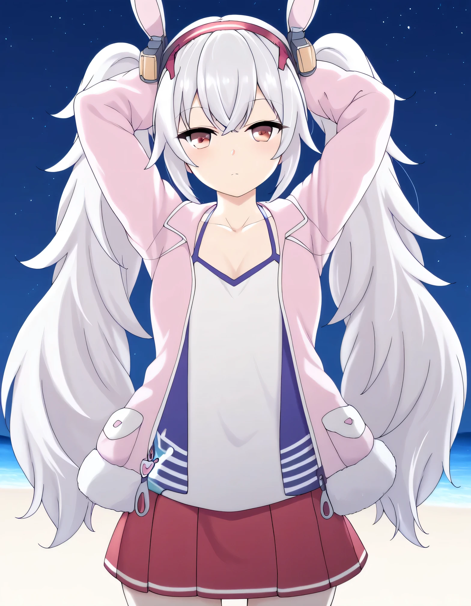 Azur Lane Slow Ahead Style, 1girl, laffey \(azur lane\),casual,, BREAK score_9, score_8_up, score_7_up, BREAK source_anime, best quality, masterpiece, uncensored,(clear eyes:1.2),zPDXLpg, high quality, solo, night sky, beach, arms behind head, contrapposto, closed mouth, spread armpits, (cowboy shot:1.5), looking at viewer,