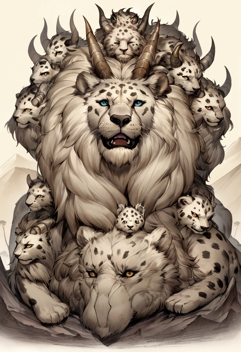 Strange leopard headed animal, bear&#39;Lion with body&#39;mane, With seven heads and ten horns, Sitting on top of a mountain.