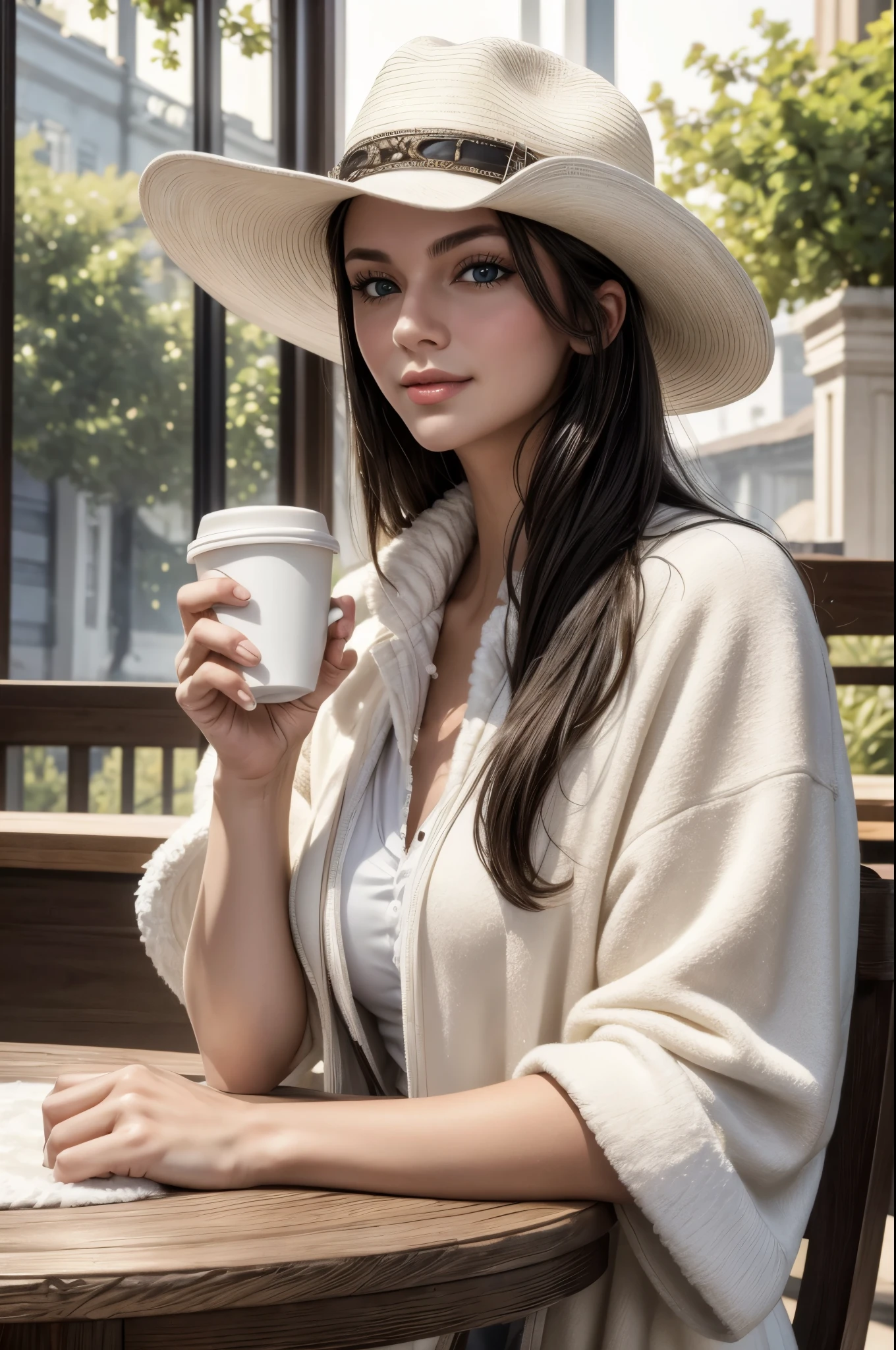 masterpiece, best quality, extremely detailed, hyperrealistic:1.1, photorealistic, a beautiful 20s russian model, ultra detailed face:1.1, white cowboy hat:1.1, white fur coat, black hair, in luxurious cafe, in the sunshine:1.1, sitting at table with a coffee cup:1.2, perfect hands, perfect fingers, sly smile:1.1, putting index finger on own mouth