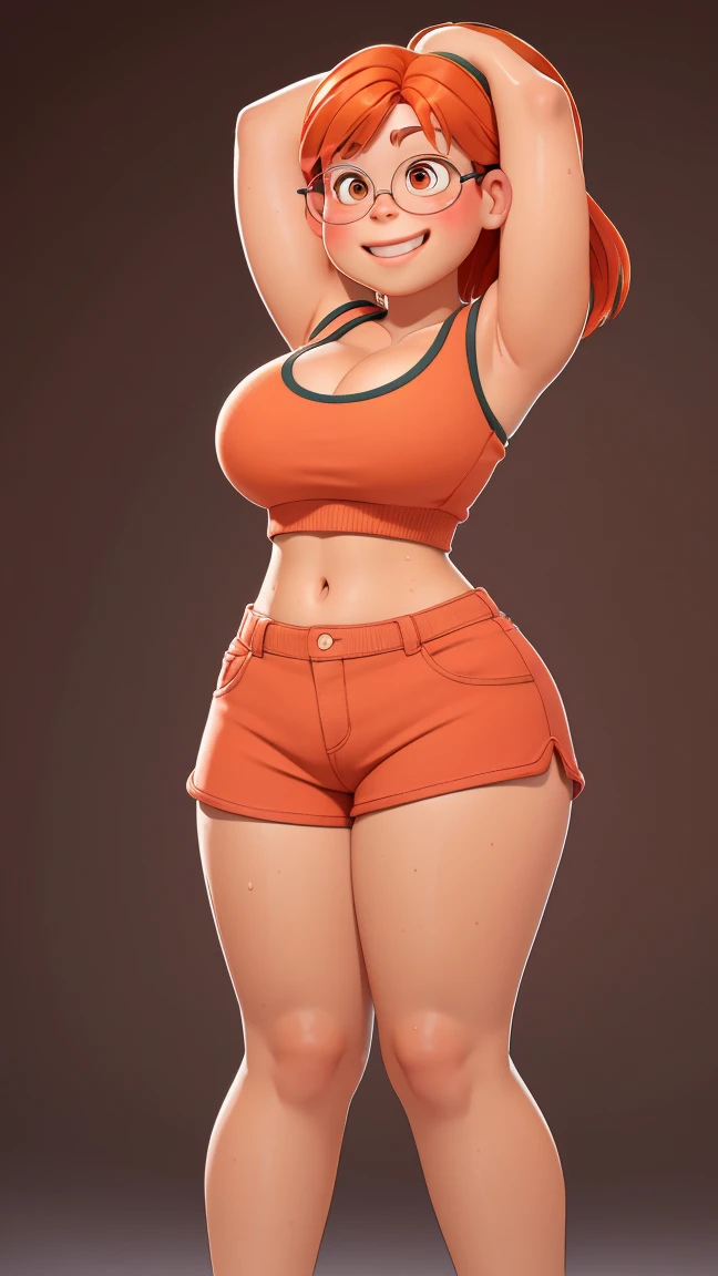 (best quality:1.4),(shiny skin), body focus, (cute face), (((best quality))), illustration, ((Beautiful Finger)), , Beautiful body, Beautiful character design, ,perfect lighting, Colorful, Bright_Front_face_Lighting, ultra high res, highres, absurdres:1.2, bokeh:1.2, lens flare, (vibrant_color:1.2), (Beautiful, large breasts:1.4), full body view, dolphin shorts, adult, adult,
Reddish-orange hair, red hairclip, circular glasses, (brown eyes:1.2), tank top, smile (chubby:1), extremely short shorts, of small stature, glistening sweat, cleavage ((Raise your arms behind your head))