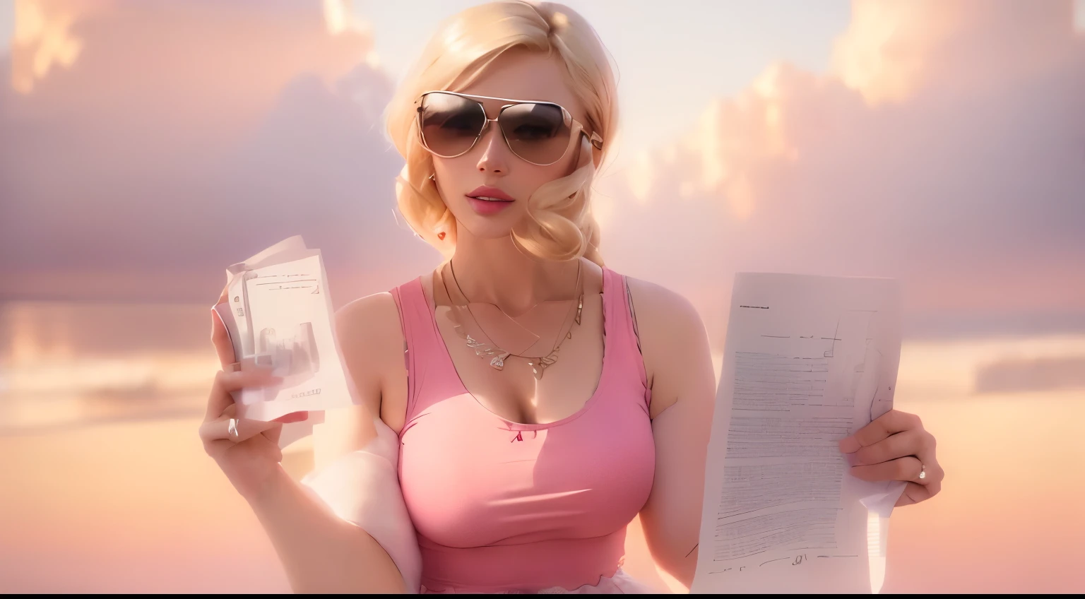 blond woman in pink top holding up a piece of paper and a pair of sunglasses, irina nordsol kuzmina, jenny savile, garnishment, woman with rose tinted glasses, molly millions, realisitc photo, sofya emelenko, accurate depiction, aleksandra waliszewska, kimberly asstyn, ekaterina, actual photo