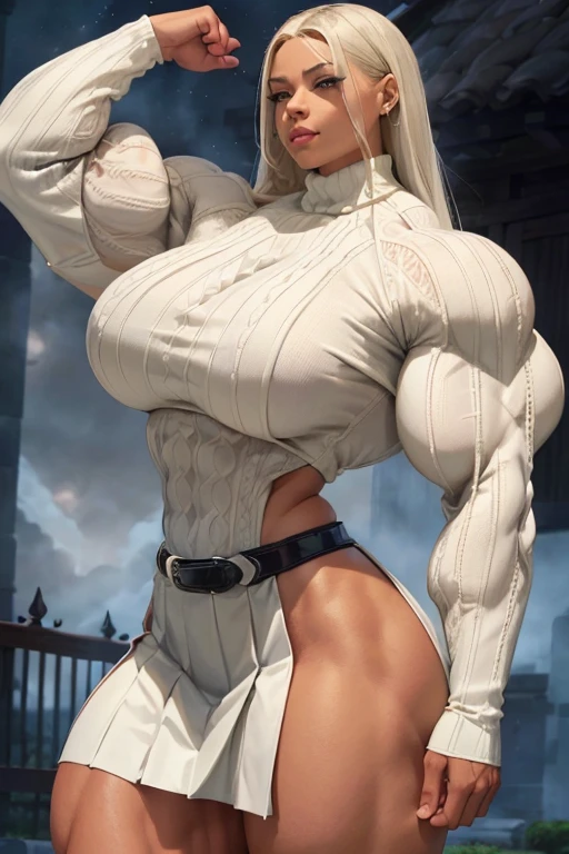 (((((Massive tall, beautiful, buff, light brown skinned muscular woman with white hair, ginormous bulky muscles and wearing a beautiful white long-sleeved turtleneck sweater with a black pleated skirt))))), (close view), (massive muscles), long straight hair, ((chained belt)), blue eyes, choker, ((beautiful turtleneck sweater)), (beautiful pleated skirt), belt, white boots, (in the Cloudy beautiful village), closed smile, night, ginormous muscles