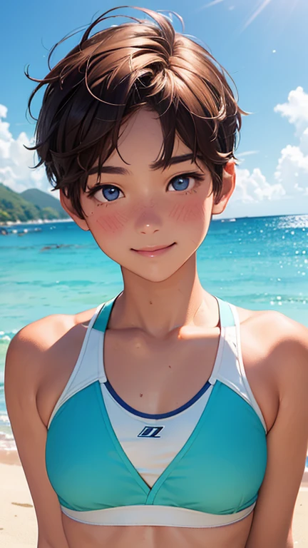 highest quality、Realistic、Women、、zoom、Chestnut Hair、Turquoise Eyes、short hair、athlete、muscle、Sunburn、Tan Skin、Swimwear、smile、Ocean、Looking down、、Bust Shot、