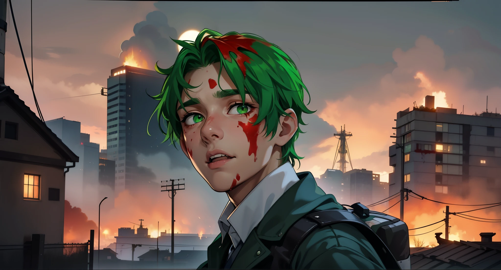 beautiful 15 year old man with green hair and green eyes he is thoughtful he is in shock he is confused and scared he has red blood on his face