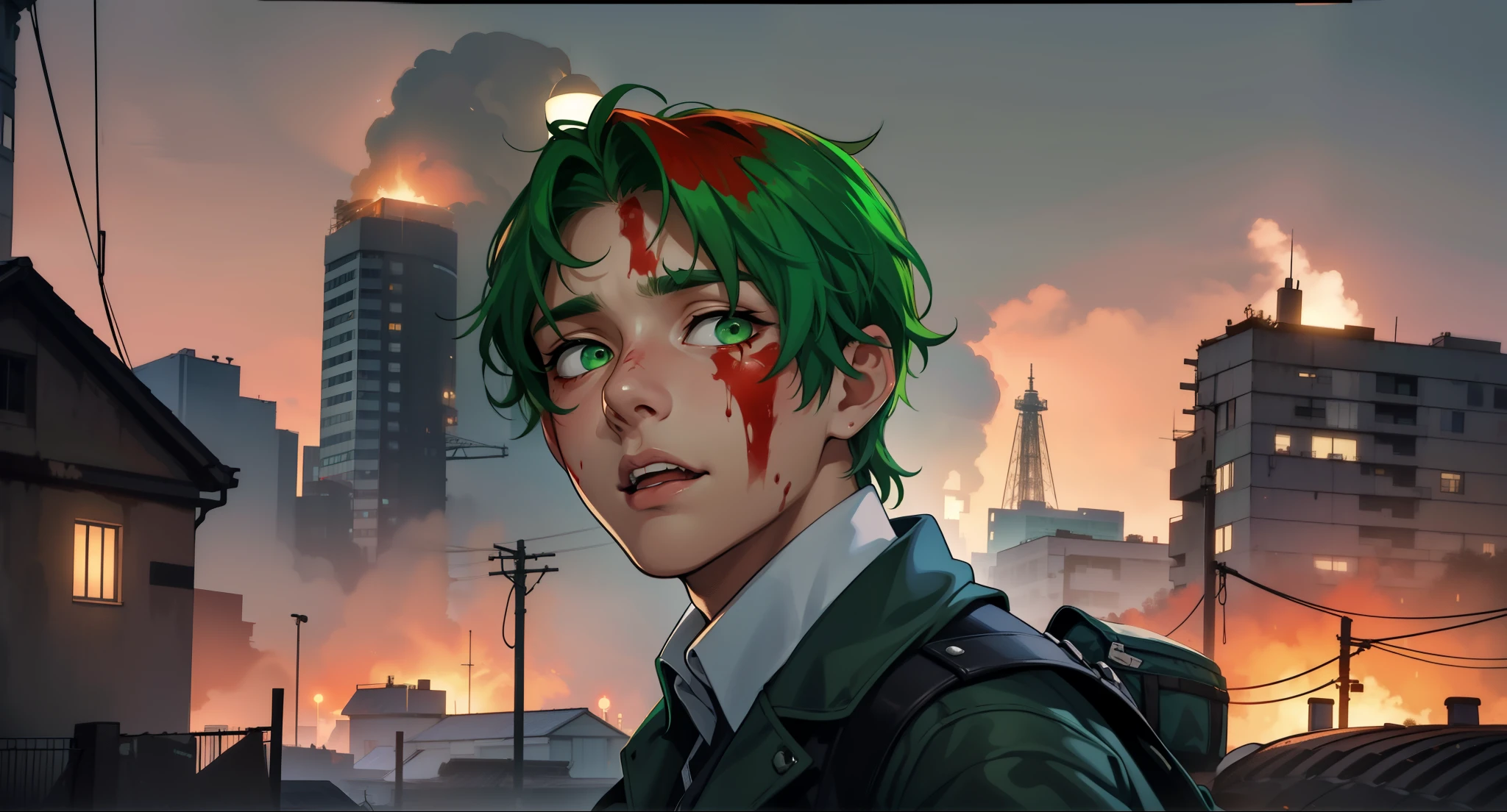 beautiful 15 year old man with green hair and green eyes he is thoughtful he is in shock he is confused and scared he has red blood on his face