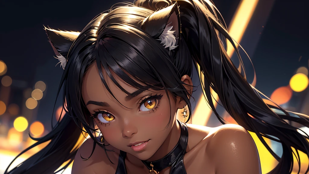 1_girl, solo, (high resolution, upper body, soft skin:1.2),(best illustration,masterpiece:1.2),ultra-detailed,[(cat ears , black inside:1.2, black ponytail hair, gold eyes, cat eyes, dark skin),vivid colors,sharp focus,studio lighting,bokeh, wearing a WHITE Plunge One Piece Swimsuit, pier at night background, smiling