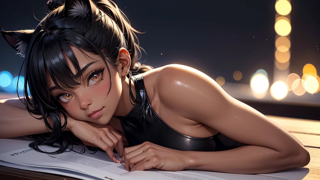 1_girl, solo, (high resolution, upper body, soft skin:1.2),(best illustration,masterpiece:1.2),ultra-detailed,[(cat ears , black inside:1.2, black ponytail hair, gold eyes, cat eyes, dark skin),vivid colors,sharp focus,studio lighting,bokeh, wearing a WHITE Plunge One Piece Swimsuit, pier at night background, smiling