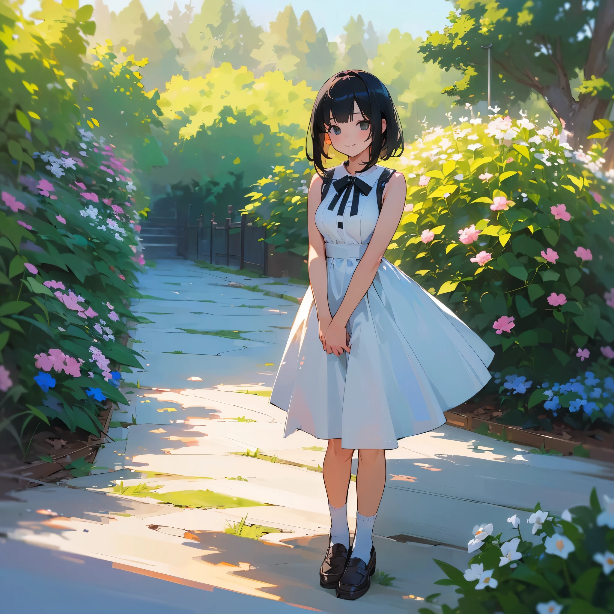 (high quality, High resolution, Very detailed, reality:1.37), Peaceful atmosphere, (Outdoor, garden),  girl standing alone, (my breasts are big.), Beautiful details, Cute Smile, (Black bob hair), White sleeveless dress, White socks, loafers.