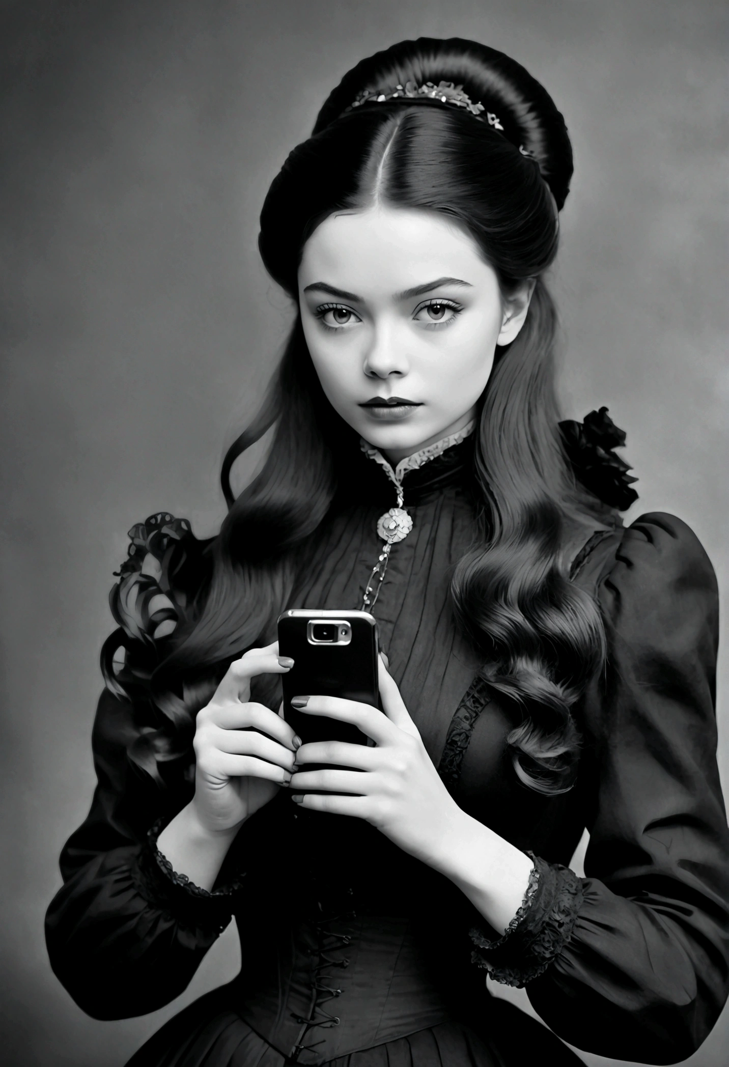 a black and white photo of a woman with long hair, vintage photo from 1890, photobashing, she is holding a smartphone, early 90s cg, portrait sophie mudd, eerie color, miranda cosgrove, wearing 1890s era clothes, young sexy elegant woman, fierce, black tendrils, infp girl