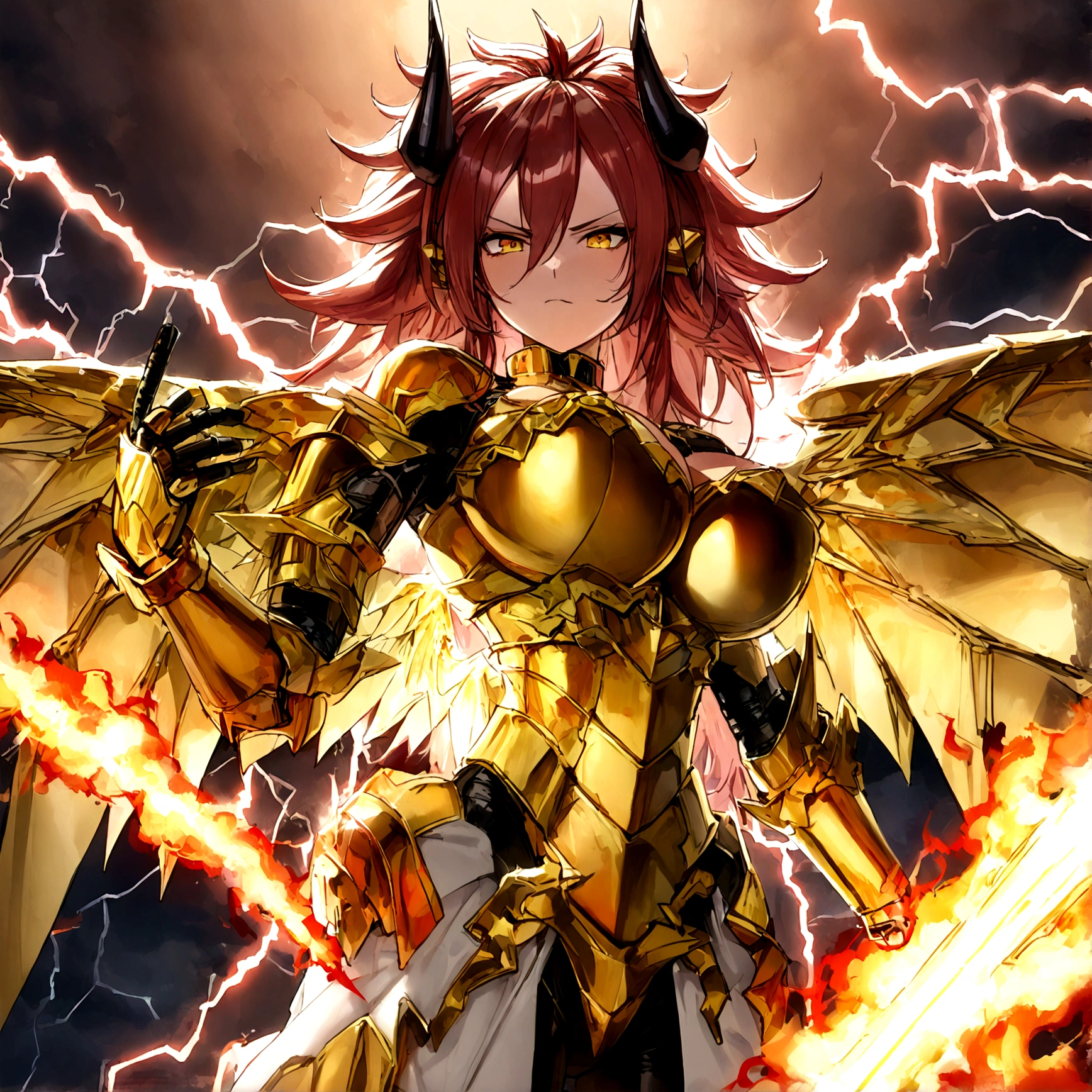 ((Lightning Power)), ((Electricity)), ((Fire Background)), ((Lightning Storm)), ((Power Erupting)),((((android 21)))), (((white Coat))), (((Busty))), (((((Big breast:1,3)))), luxury bustier corset, ((silver hair)), (((Very slim waist))), propotional body, ((Gorgeous)), (((gold wings))), masterpiece, hyperdetail, ambient effect, digital effect, (((FIRE SWORD)), (((Lightning Sword))), (((Fire Gold Armor))), (((Lightning Gold Wings))), (((Fire Demon Horns))), (((Lightning Demon Horns)))