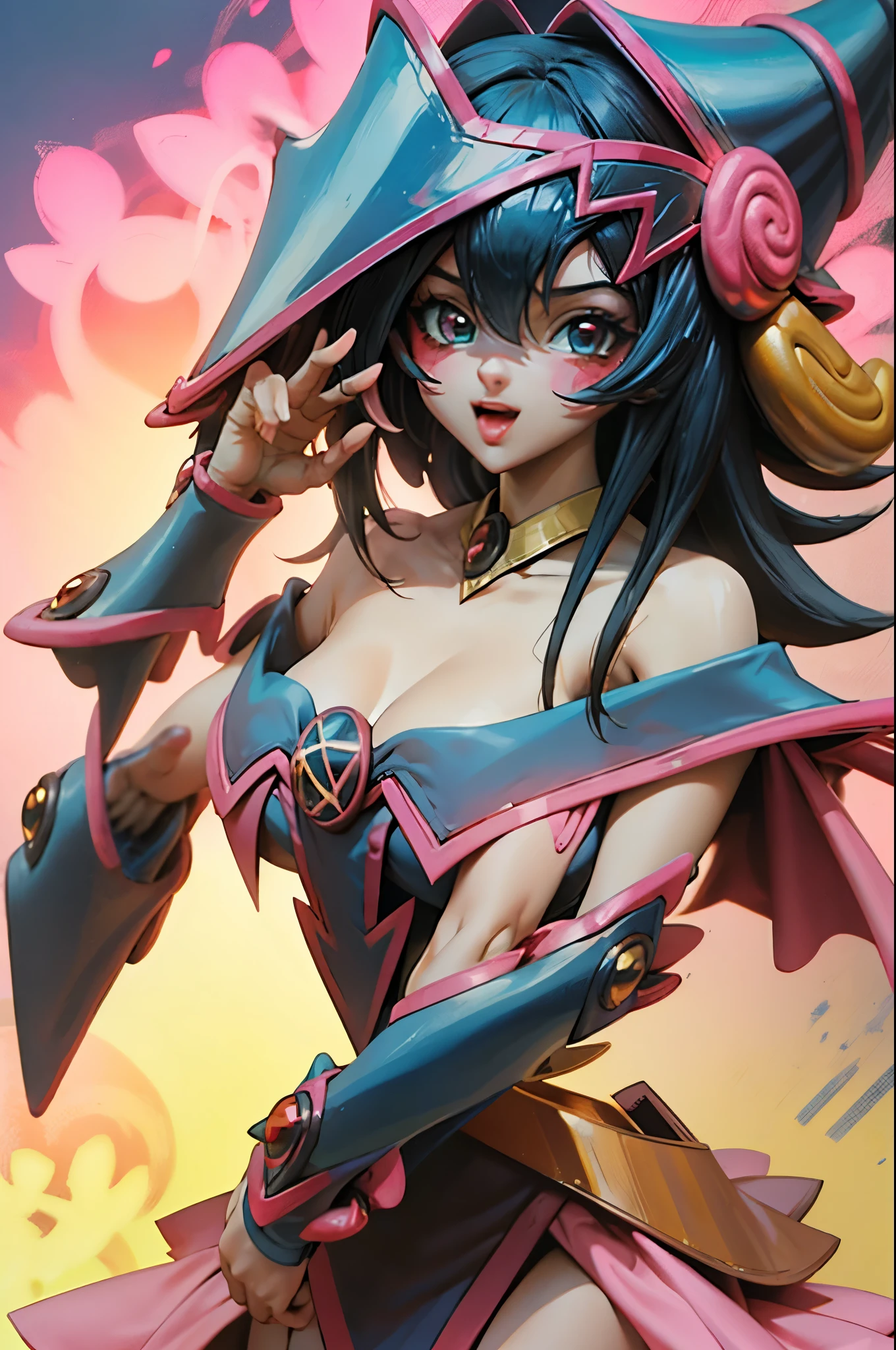 Hermoso rostro de dark magician gils, ojos azules. Labios rosados. Cabello rubio y largo. Ombros descubiertos, sonrisa angelical, hermoso rostro bien detallados de dark magician gils.