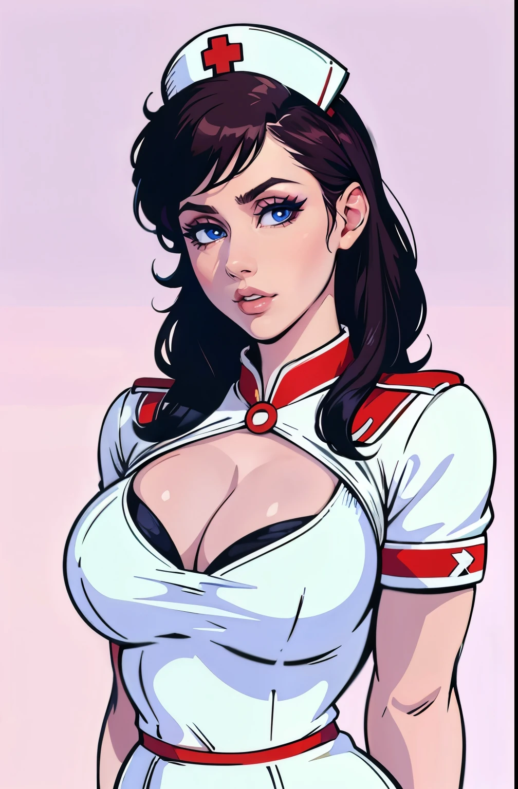 pretty women portrait 1980s movie poster style, vector-art, upper body, russian, white nurse uniform, cleavage, pin up style, sexy, realistic, seductive pose,