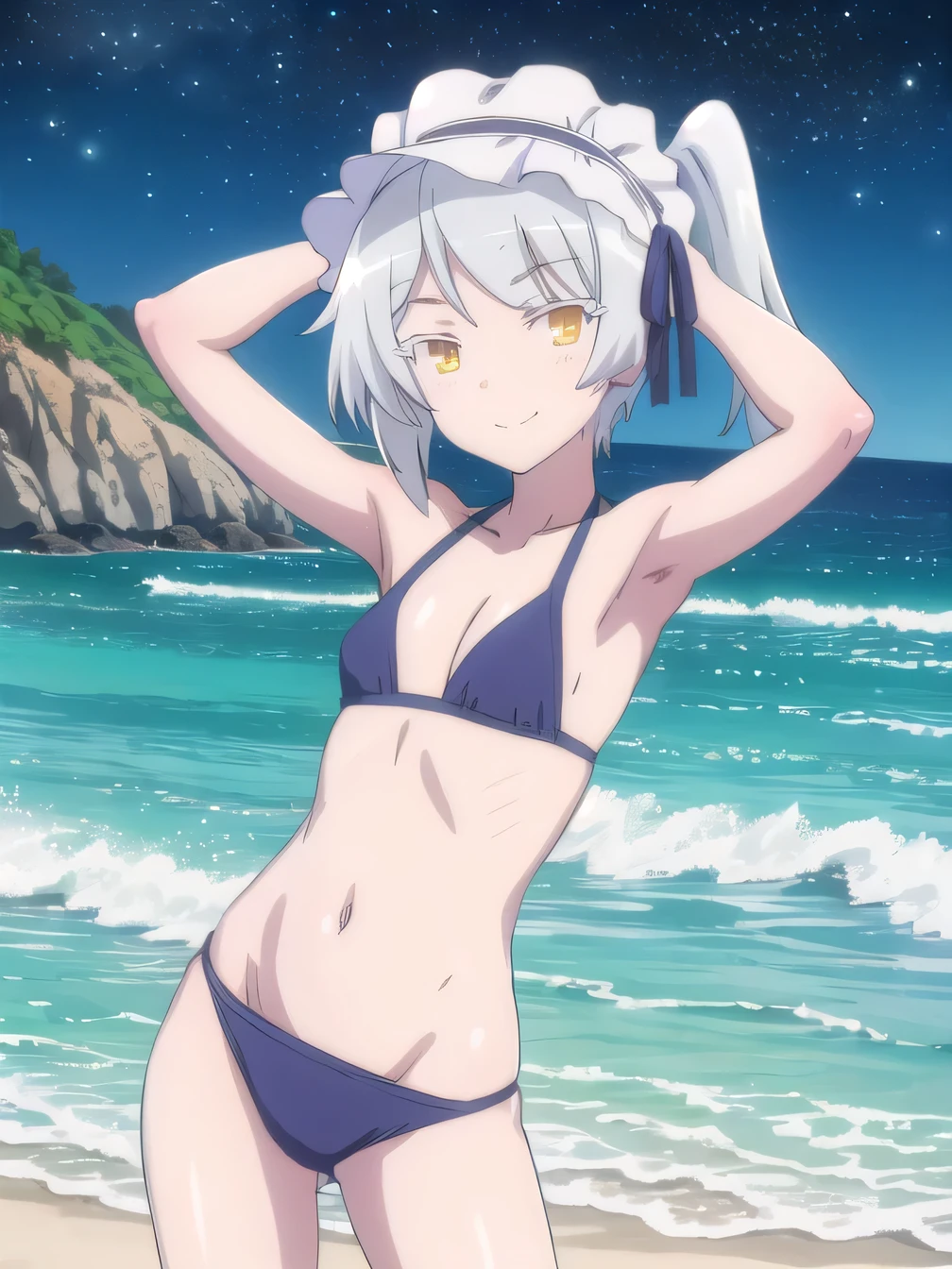 solo, 1girl, looking at viewer, anime coloring, high quality, solo, night sky, beach, arm behind head, hand on hip, contrapposto, closed mouth, spread armpits, (cowboy shot:1.5), looking at viewer, smile, best quality, leen, swimsuit, black bikini, smile, flat chest,