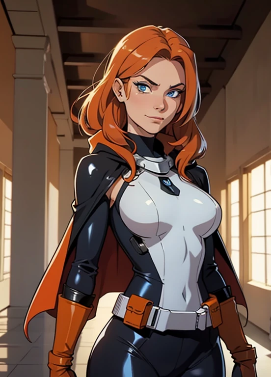 (best quality,8k:1.2,high resolution:1.2), (best quality:1.3), (4K quality),masterpiece, best quality, high res, detailed, (Detailed face:1.2), (Detailed eyes:1.2), (Perfect figure:1.2), CARTOON, ANIME, CARTOON ARTSTYLE, ultra-detailed, vintage science fiction, Star Wars based setting, extremely detailed face, long eyelashes, a upper body shot of a woman (Mara Jade), long orange hair, bright blue eyes, a determined look, smirking and stoic gaze. She's wearing a tight shiny black leather suit, tan cape, gloves, silver utility belt and high-heel boots. She's holding a purple lightsaber. Background: Indoors, marble hallway, pillars, blue and orange mist in the surroundings.
