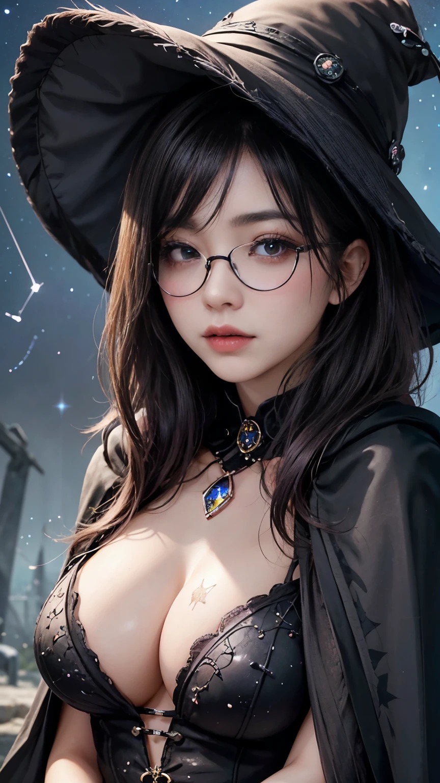 (Fatal Beauty,A charming villain,witch) ,(A supple and powerful physique),(Sensual charm),(Mysterious charm:1.1),(Captivating silhouette),((((Glasses))))、((((big sapphire necklace))))、(highest quality,High resolution:1.2),(dark,Threatening:1.1),((dark horror theme:1.5),(Thriller:1.5)),(Dark fantasy:1.5), (((Countless stars fly away:1.5),(Absurd:1.5),(wonderful:1.5))),Woman in a dress, (Powerful numbers:1.1),(((Big Breasts))),(((Muscular:1.1))), cute face, Sexy Face, , Very detailedなbeautiful女の子, (Ideal body type:1.8), Very detailed faceexpressive lips, (とてもbeautiful、Crisp big eyes:1.5), Fine skin., All features are shown in detail., The outline of the fingers is beautifully drawn....., The nose is precisely shaped., expressive lips, Perfect Anatomy,cute、Realistic、(Front view:1.4),(Face Focus:1.3), realistic girl rendering, 8k artistic german bokeh, Enchanting girl, Real Girls, Gurwitz, Gurwitz-style artwork, Girl Roleplay, Realistic 3D style, cgstation Popular Topics, 8K Portrait Rendering,(truth,truth:1.4),Sexy Body,( Very lean body:1.6),Sexy pose, blush, Attractive body, Very curly hair, Purple Curly Hair, very big hair, Very curly hair, prime color,Urban,Very detailed,masterpiece,Intricate details,Faded,Very detailed, Eye on the details,Intricate details,暗くてSpooky atmosphere, spiritual being, Unforgettably beautiful, Ghostly figures, Shadow-like shape, Spooky whispers, Ominous Aura, Goth Maiden, Like dazzling fur in a starless haze,Her Mogul Snaps, Mysterious Cemetery,Black hair swaying in the moonlight, She summons darkness, (beautiful: 1.7), (Black Hat: 1.6), (An intricately decorated jet-black cloak: 1.6), (Delicately decorated cloak, Despite the damage: 1.5), Hypermaximalist, Breathtaking oil paintings, Surreal, Ultra-realistic digital illustrations that mimic the style of oil paintings, wonderful構成, (Shining Eyes:1.6)、(Glowing Eyes:1.1),(hellish landscape:1.1),(fire,sulfur:1.1),(Threatening atmosphere:1.1),(dark shadows,Threatening presence:1.1),(Unlucky Clouds,Stormy Skies:1.1),(dark,Spooky atmosphere:1.1),(Aura of misfortune,Evil energy:1.1),(dark aura,cigarette:1.1),(Extreme heat,Burning Flames:1.1),(Nightmare Visions:1.1),(Predicting the end:1.1),(Whispers of misfortune,Devilish Laugh:1.1),(Cries of pain,echoing screams:1.1),(Bad luck symbol,Ancient runes:1.1),(Mysterious Relic,dark art ifacts:1.1),(Infernal Ritual,Ritual sacrifice:1.1),(Eternal Ruin,A hopeless existence:1.1), Inspired by abandoned mech backgrounds. Art created by Craig Mullins, Necrostyle., Detailed Description, Futuristic sci-fi scene. Focus on SFCon