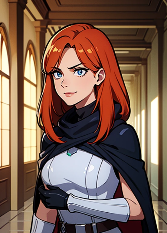 (best quality,8k:1.2,high resolution:1.2), (best quality:1.3), (4K quality),masterpiece, best quality, high res, detailed, (Detailed face:1.2), (Detailed eyes:1.2), (Perfect figure:1.2), CARTOON, ANIME, CARTOON ARTSTYLE, ultra-detailed, vintage science fiction, Star Wars based setting, extremely detailed face, long eyelashes, a upper body shot of a woman (Mara Jade), long orange hair, bright blue eyes, a determined look, smirking and stoic gaze. She's wearing a tight shiny black leather suit, tan cape, gloves, silver utility belt and high-heel boots. She's holding a purple lightsaber. Background: Indoors, marble hallway, pillars, blue and orange mist in the surroundings.
