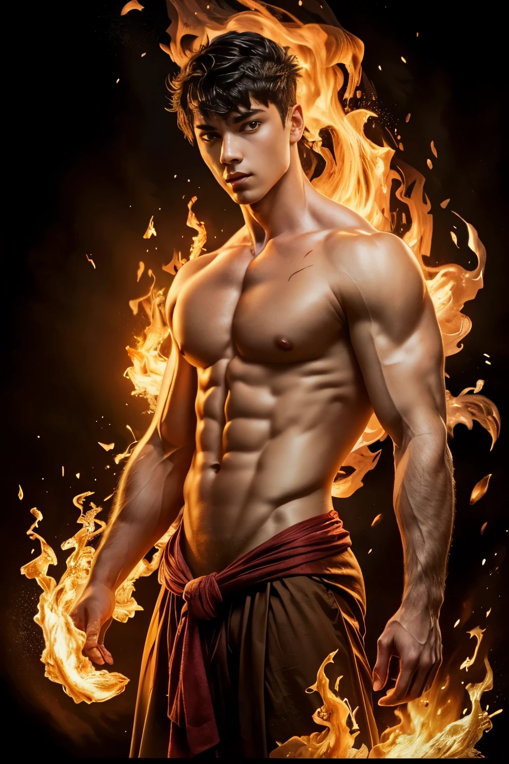Fotorrealista, Modelo masculino bonito, male asian mixed guy, mixed race, (nervoso:1.3), (jovem, 18 anos:1.9), ((melhor qualidade)), ((Obra de arte)), (detalhado), (sem camisa:1.4) Create an illustrated portrait of jovem Prince Zuko from "avatar: O ultimo mestre do Ar". Illustrate him com a strong square jawline, bochechas magras, e rosto magro, sem camisa, com attention to detail on his ( cicatriz de queimadura vermelha no olho:1.5), (olhos amarelos dourados:1.2), he is a pyromancer, fire bender, com, cabelo muito curto , (messy bangs:1.5), e um tom, muscular physique that reflects his training and determination. Capture your expression, reflecting her internal conflict and growth throughout the series. O fundo deve ser escuro e incorporar fogo dobrado. Utilize cores escuras e ousadas