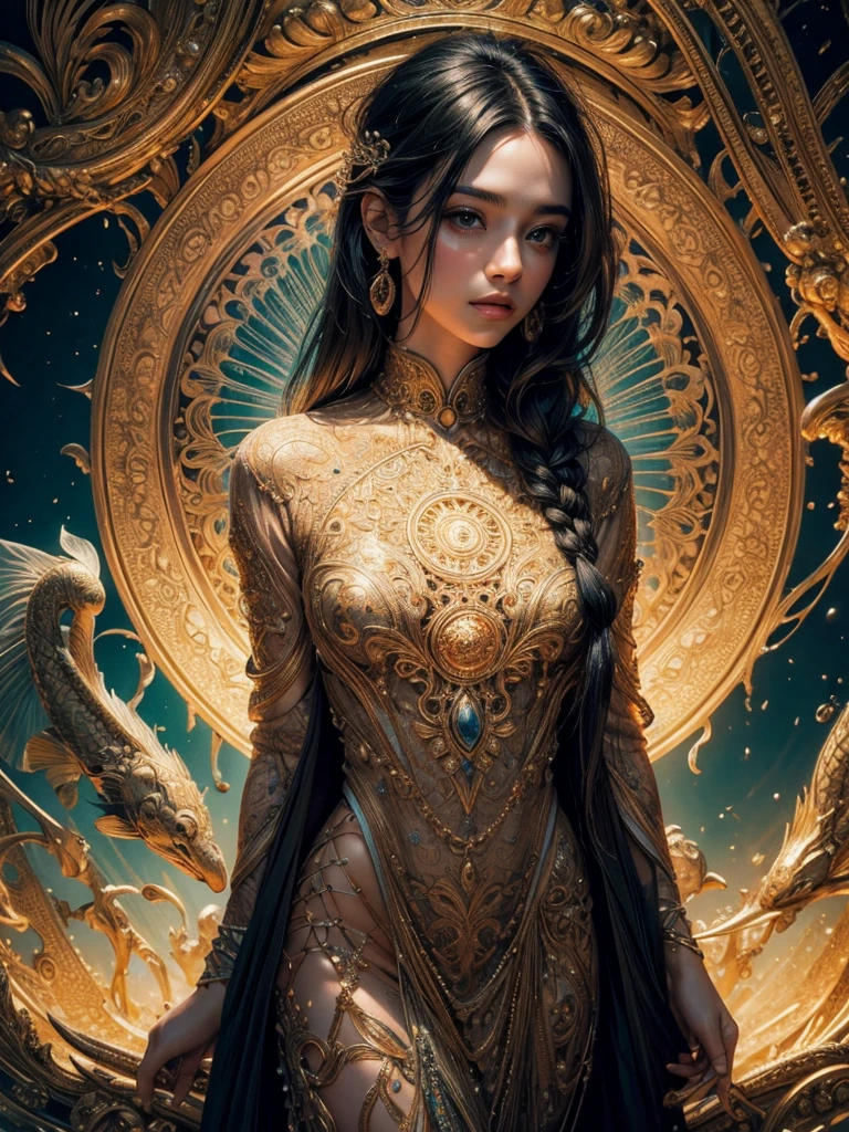 a beautiful and aesthetic ultra detailed 8k wallpaper, official art, masterpiece, best quality, (zentangle, mandala, tangle, intricate_tangle:0.6), highly detailed, photorealistic, realistic, intricate, complex, organic, symmetrical, mesmerizing, hypnotic, calming, soothing, vibrant colors, vivid colors, dynamic composition, striking, exquisite, captivating, ethereal, transcendent, sublime, timeless, long black hair, goldfish