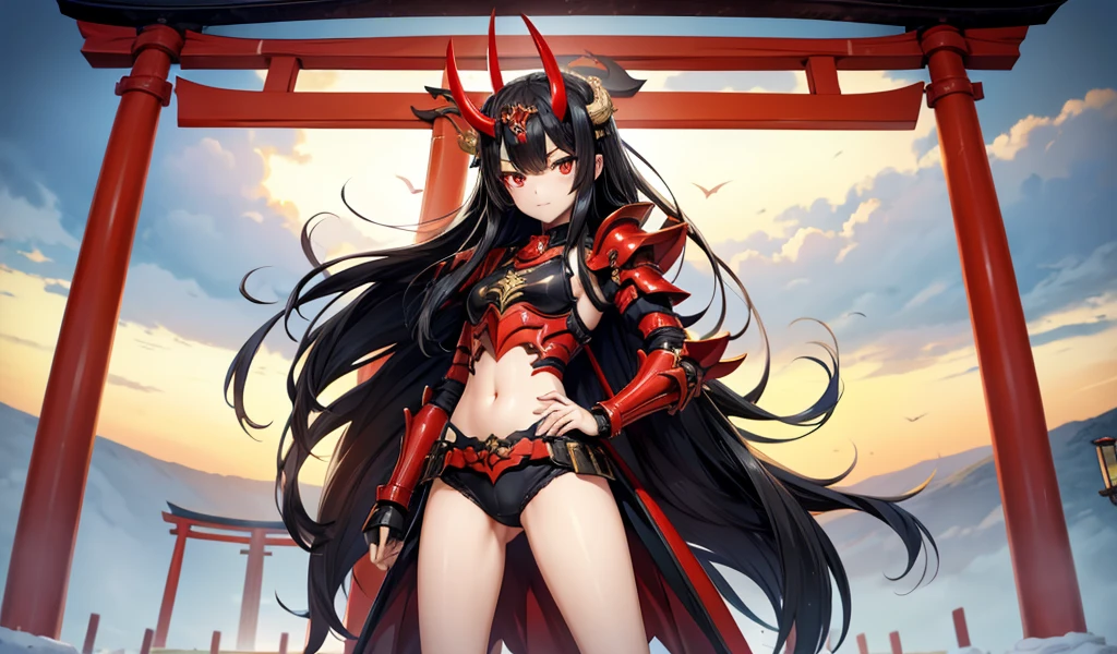 Flat-chested girl with long black hair,Demon horn,Japan Armor,Breastplate,Thong,Bare Legs,Standing,On the torii gate