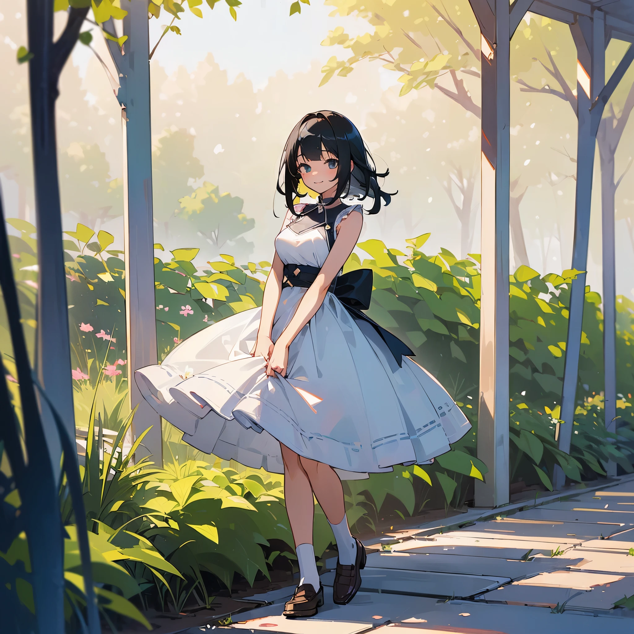 (high quality, High resolution, Very detailed, reality:1.37), Peaceful atmosphere, (Outdoor, garden), Teenage girl standing alone, (my breasts are big.), Beautiful details, Cute Smile, (Black bob hair), White sleeveless dress, White socks, loafers.