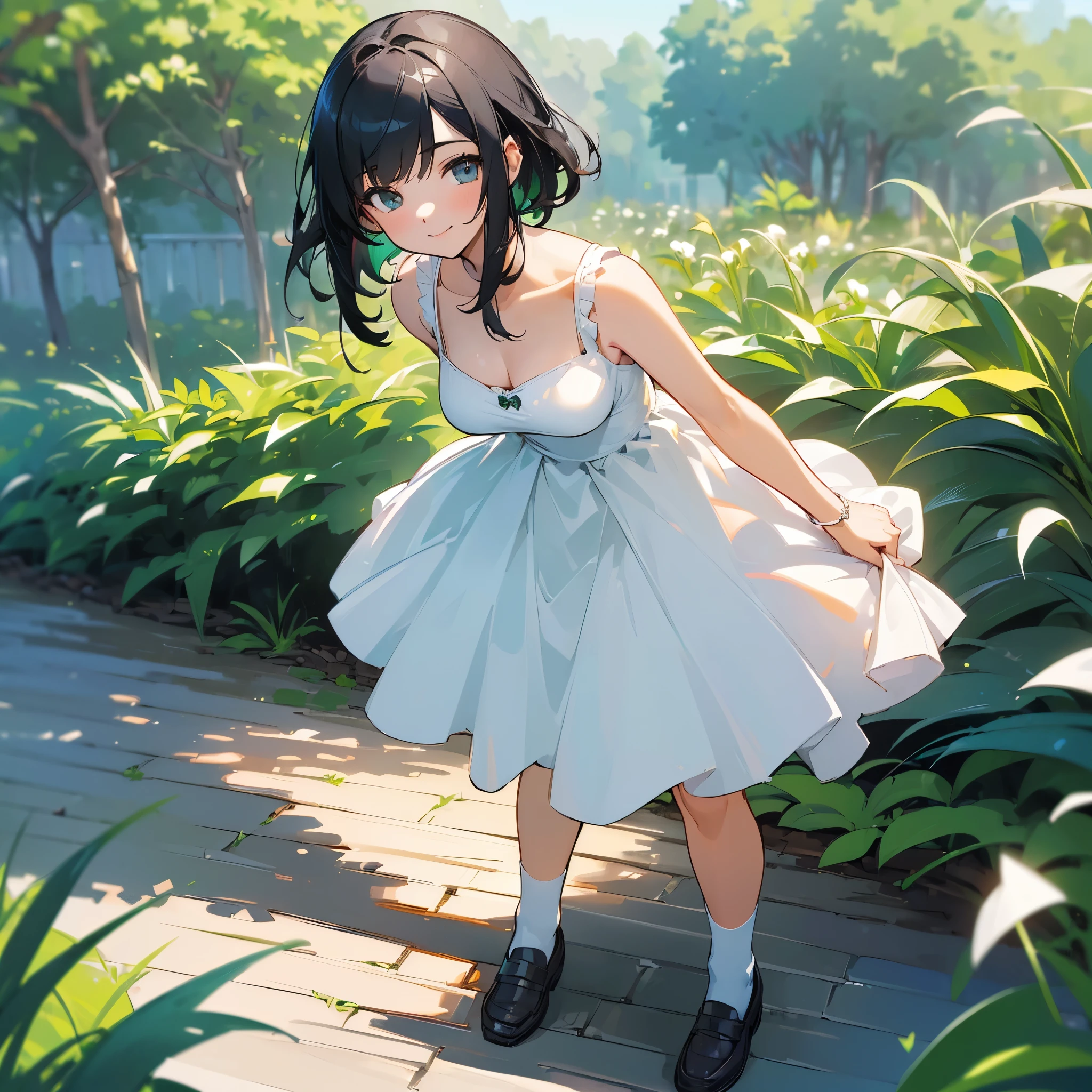 (high quality, High resolution, Very detailed, reality:1.37), Peaceful atmosphere, (Outdoor, garden), Teenage girl standing alone, (my breasts are big.), Beautiful details, Cute Smile, (Black bob hair), White sleeveless dress, White socks, loafers.