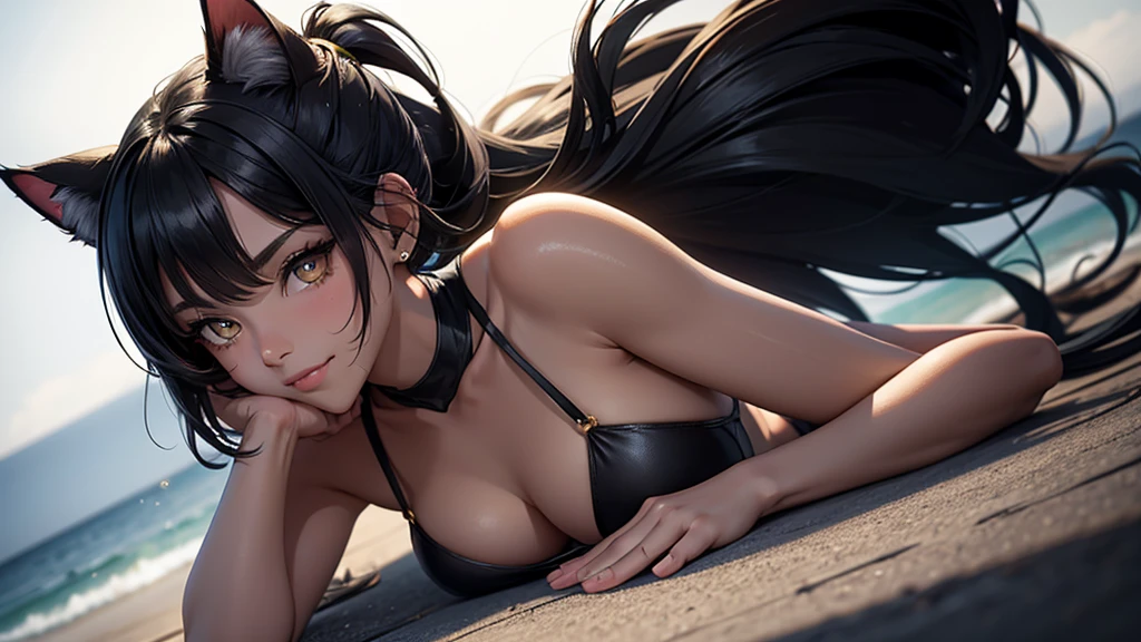 1_girl, solo, (high resolution, upper body, soft skin:1.2),(best illustration,masterpiece:1.2),ultra-detailed,[(cat ears , black inside:1.2, black ponytail hair, gold eyes, cat eyes, dark skin),vivid colors,sharp focus,studio lighting,bokeh, wearing a WHITE Plunge One Piece Swimsuit, pier at night background, smiling, kneeling 