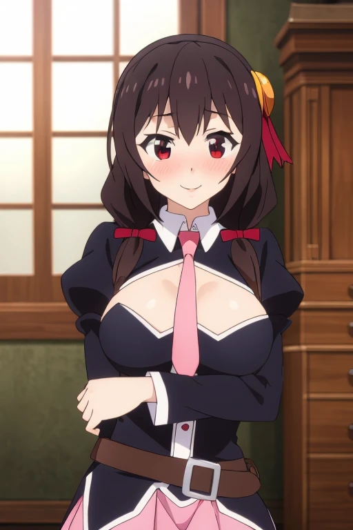 Yunyun, One girl, alone, Portraiture, Upper Body, close, Big Breasts, View Viewer, Crown Blade, shirt, collar, Juliet Sleeve, Cleavage cutout, Low twin tails, Black Hair、Red Eyes、Pink mini skirt, Knee socks, tie, belt, smile, Blushing, Perfect quality, good quality, masterpiece, High resolution, 超High resolution 