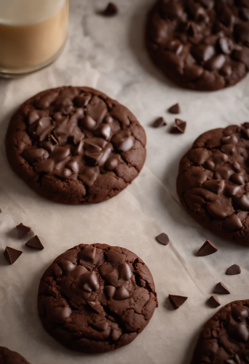Biscoito cookie(((cookie de chocolate))), sobre a mesa de uma confeitaria, realista, 4k, photo taken by the best photographer in the world, profundidade de campo, ao fundo a cozinha da confeitaria, melhor foto, professional resolution, for product catalog, a melhor confeitaria do mundo, cookie de chocolate, gotas de chocolate. Cookie da Levain Cookies, marca famosa de cookies. 4k