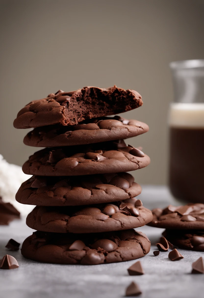 Biscoito cookie(((cookie de chocolate))), sobre a mesa de uma confeitaria, realista, 4k, photo taken by the best photographer in the world, profundidade de campo, ao fundo a cozinha da confeitaria, melhor foto, professional resolution, for product catalog, a melhor confeitaria do mundo, cookie de chocolate, gotas de chocolate. Cookie da Levain Cookies, marca famosa de cookies. 4k