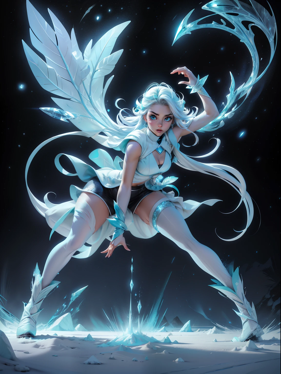 (high-res, vivid colors), blue bird alien, detailed feathers, sparkling eyes, alien landscape, vibrant colors, surreal atmosphere, glowing lights, otherworldly features, intricate patterns, dreamlike scenery, Arctic Frost Ranger: A suit featuring icy blue and frosty white hues, accented with snowflake patterns and frost crystals. This Ranger commands the power of ice and cold, with abilities such as creating blizzards, forming ice constructs for defense, and freezing enemies in their tracks.