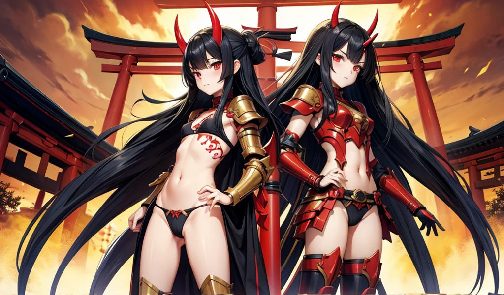 Flat-chested girl with long black hair,Demon horn,Japan Armor,plate,thong,Bare Legs,Standing,On the torii gate