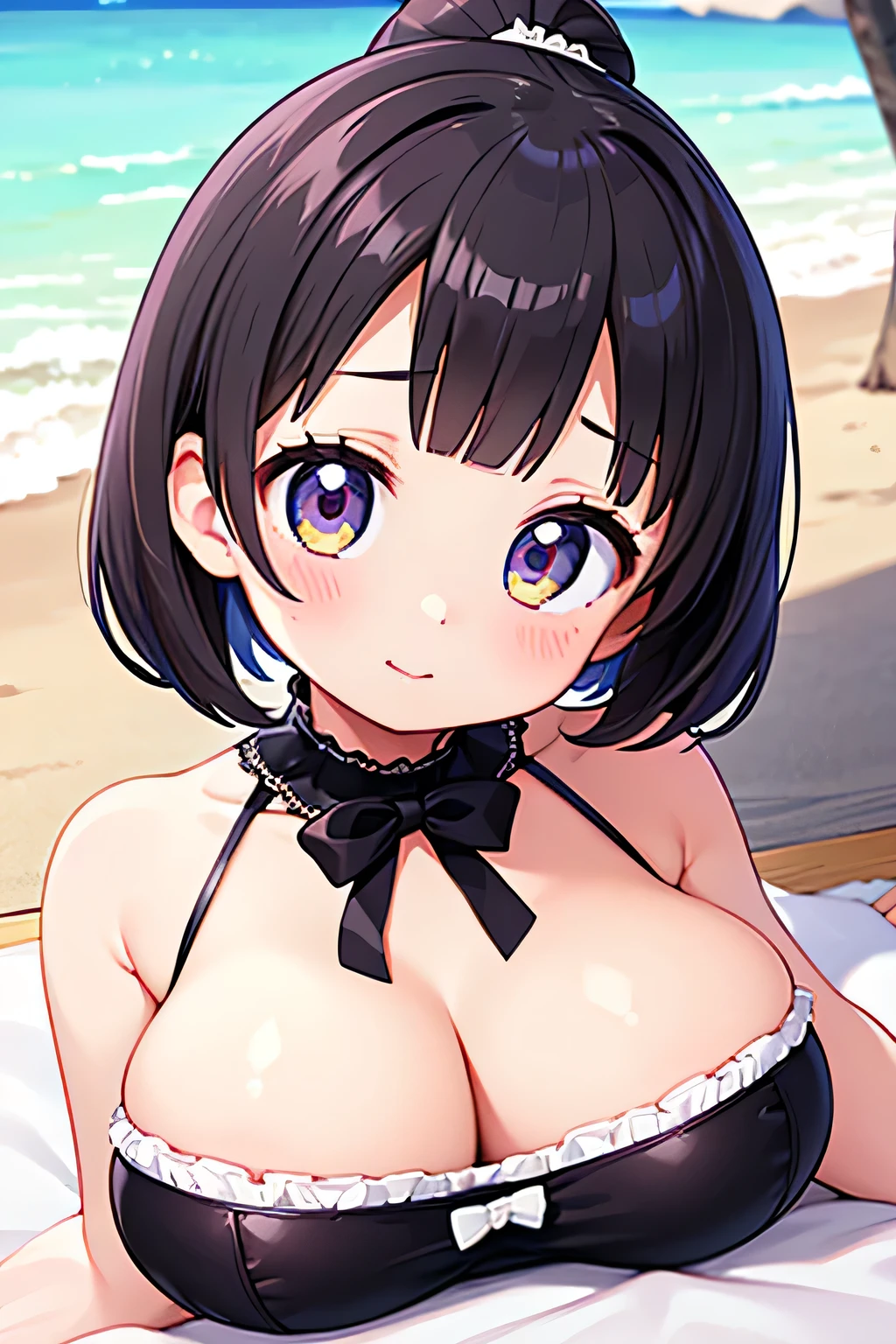 highest quality、High resolution、Detailed Background、(Beautiful face in every detail:1.4)、Anatomically correct、(Detailed eyes:1.2)、age beauty、(Huge breasts:1.3)、cute hair color、Twin tails、Bobcut、ponytail、Perfect body line、Cute gestures、Accentuate your cleavage、White thin babydoll、Wet and see-through、Lying on the beach、Show your side、Sexual expressions、cute