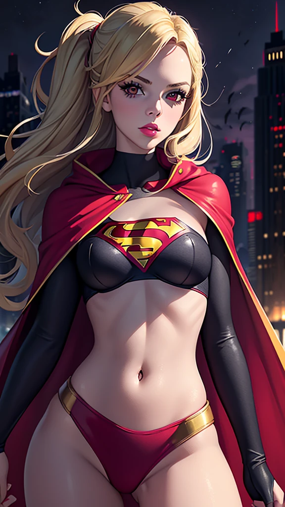 
realistic, best quality, (masterpiece:1.2), absurdres, (1girl, solo), fashion photography, lips, small breasts, beautiful, makeup, mascara, lip gloss, blonde hair, a beautiful woman wearing Supergirl costume, red cape, full body portrait, soft design, natural lights, looking at viewer, (Dark midnight Gotham City background:1.3)