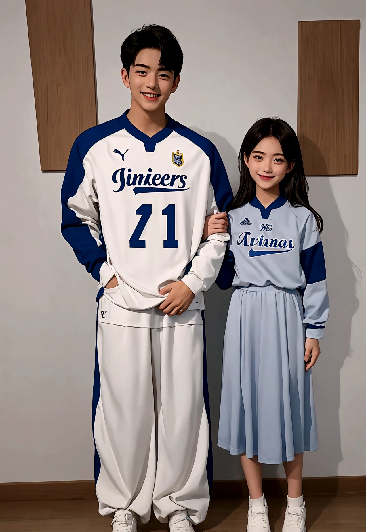 a boy,A girl,Wearing jersey,Full body image,Smile,