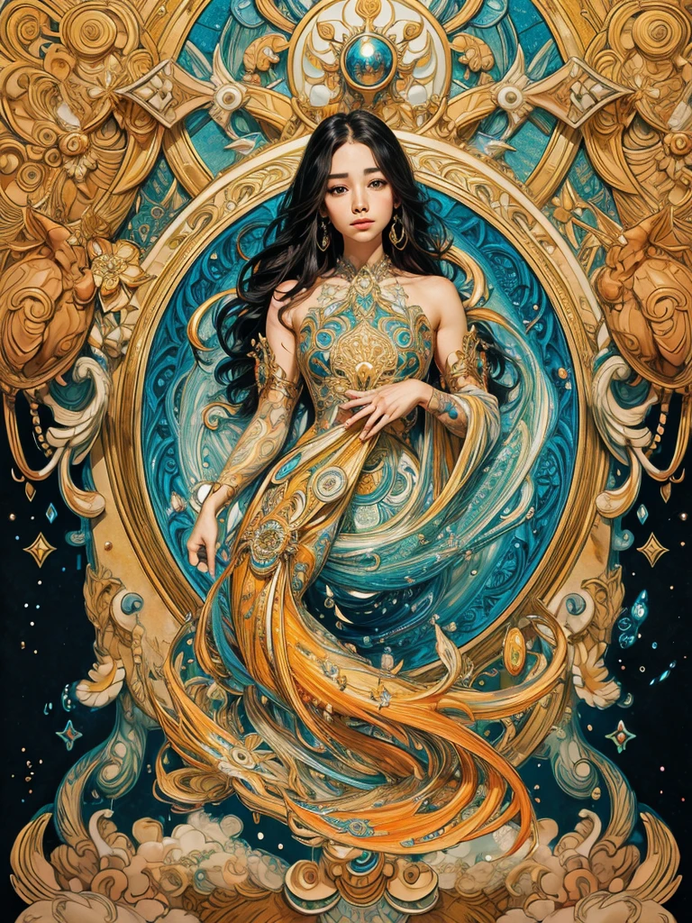 a beautiful and aesthetic ultra detailed 8k wallpaper, official art, masterpiece, best quality, (zentangle, mandala, tangle, intricate_tangle:0.6), highly detailed, photorealistic, realistic, intricate, complex, organic, symmetrical, mesmerizing, hypnotic, calming, soothing, vibrant colors, vivid colors, dynamic composition, striking, exquisite, captivating, ethereal, transcendent, sublime, timeless, long black hair, goldfish