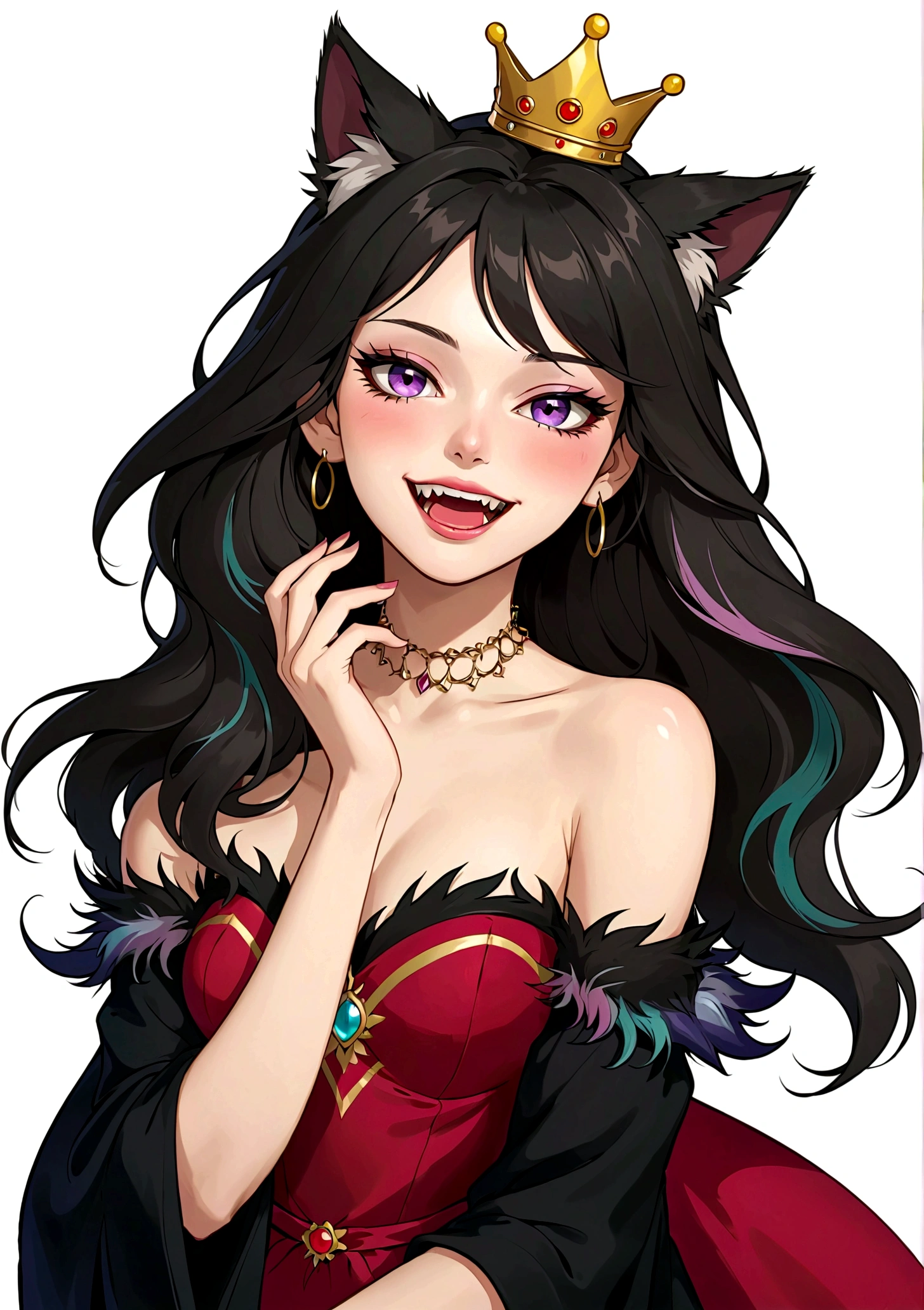 Red wolf smiles,Fangs,Purple Eyeshadow,Black long hair,Cat ears,Small Crown,Red off-shoulder dress,Fur collar shawl,wave,Slender neck
