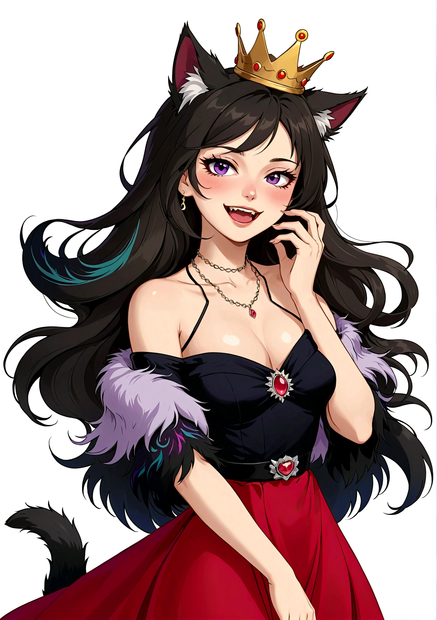 grace,Feminine,Anime Girl,laughing out loud,Fangs,Black eyes,A mole under the eye,Purple eyeshadow purple eyelids,Black long hair,Cat ears,Small Crown,Red off-shoulder dress,Fur collar shawl,wave,Slender neck