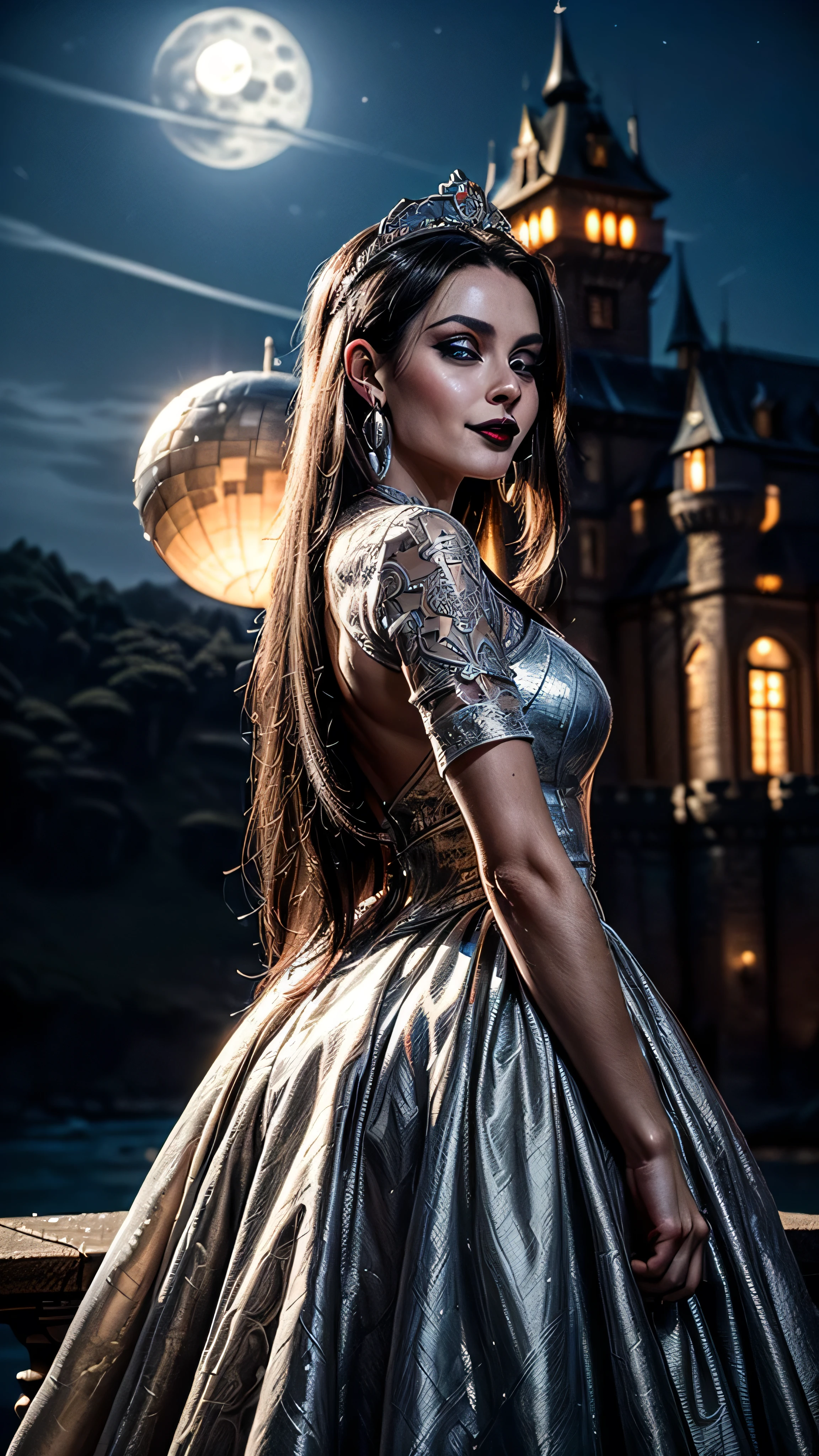 ((best quality: 1.5, intricate:1.3, masterpiece, photorealistic:1.4)), sharp focus, professional, real life, realistic representation of the face, ((detailed, athletic, suntan, (((red silver chinoiserie renaissance ball gown)), queen, black chrome tiara, onyx necklace, onyx earrings, humid ((supermodel))), makeup: 0.7, glowing iceblue eyes, long straight hair [bright ginger hair:black hair:0.4], smirking, smirk, shadows, black lips, outdoors, faraway castle, dark, night, moonlight)), professional lighting, photon mapping, radiosity, physically based rendering, ultra resolution, hyper-realistic, hyper-realistic, 8K
