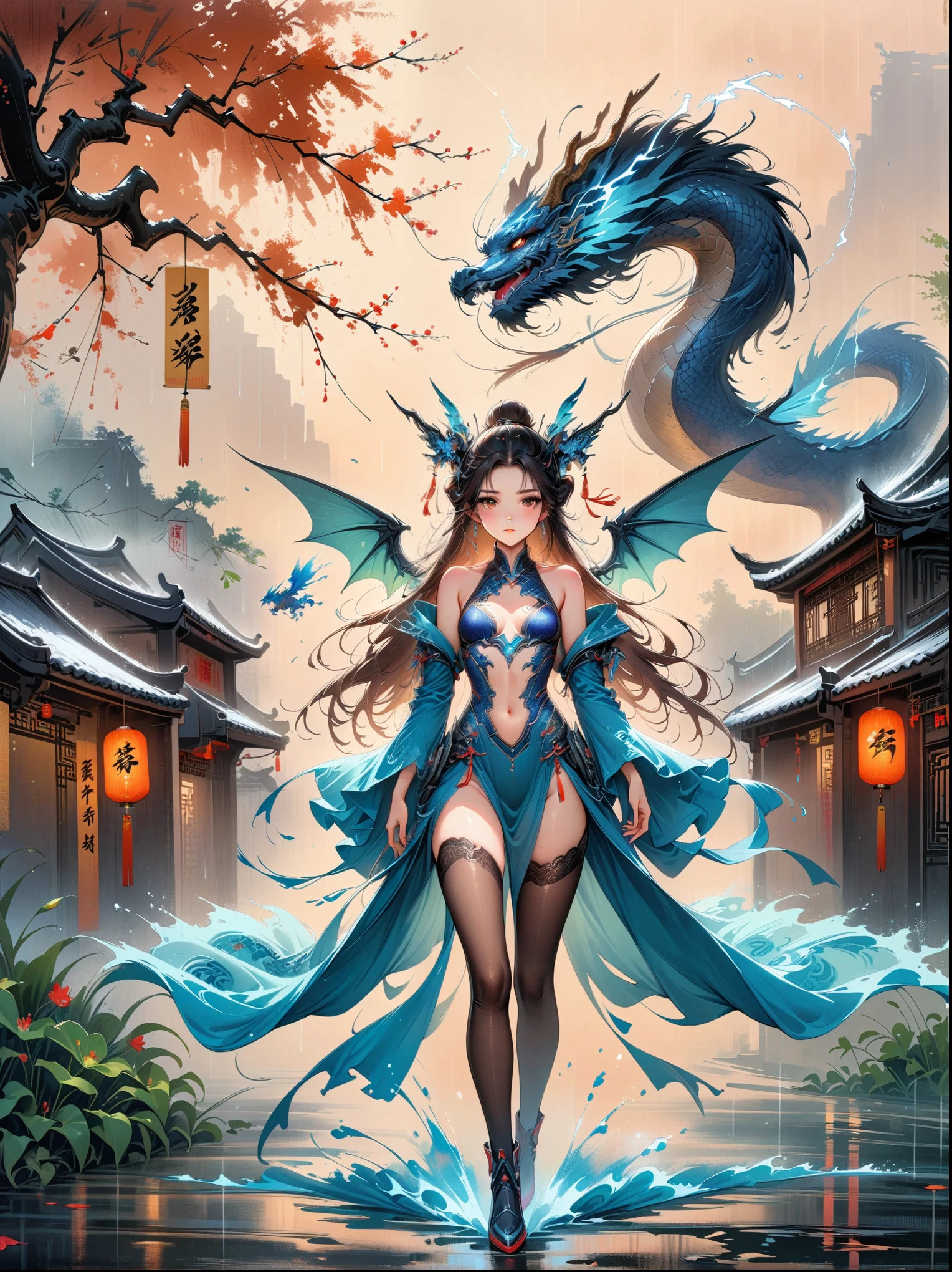 tmasterpiece,top Quority,best qualtiy,offcial art,(Beauty and aesthetics:1.3),extremely detaile,(s fractal art:1.3),Colorful,Ice and Chinese dragon,Serpentine body,clawed paws,Red and 1 girl,Han Nu's Media,Hanfu,red colour